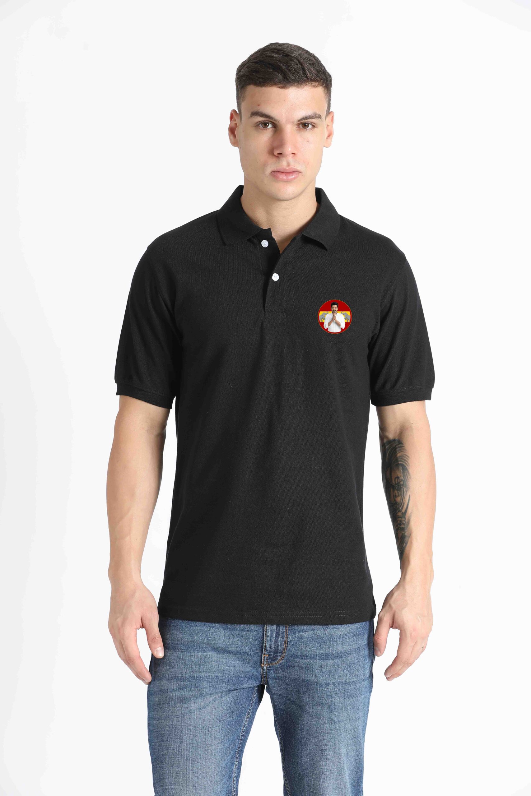 tvk_new_B_F TVK Thalapathy Vijay Men's Half Sleeve Polo T-Shirt | Tamilaga Vettri Kazhagam Official Tee | (White / Black / Yellow) - Image 3