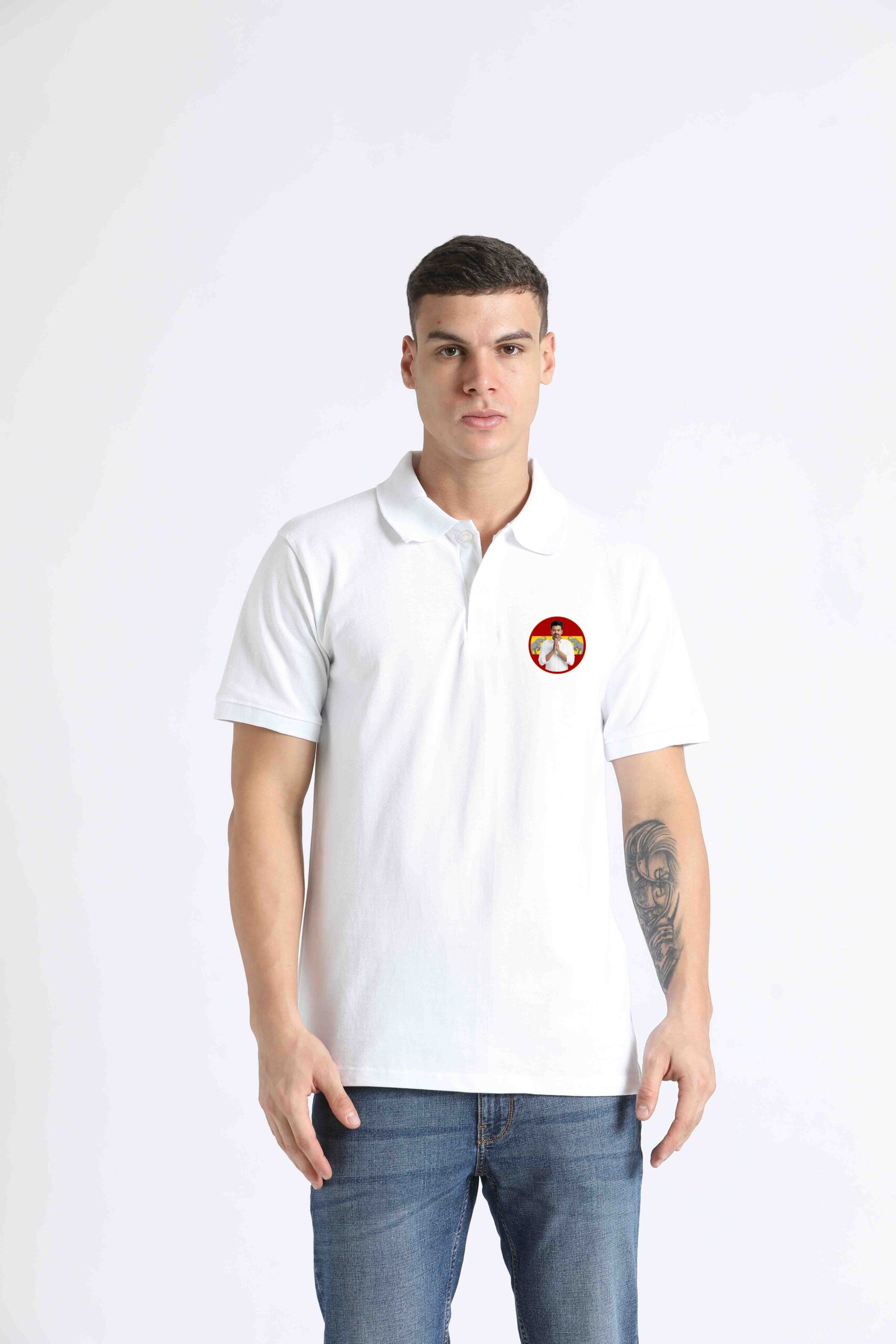 tvk_new_W_f TVK Thalapathy Vijay Men's Half Sleeve Polo T-Shirt | Tamilaga Vettri Kazhagam Official Tee | (White / Black / Yellow) - Image 2