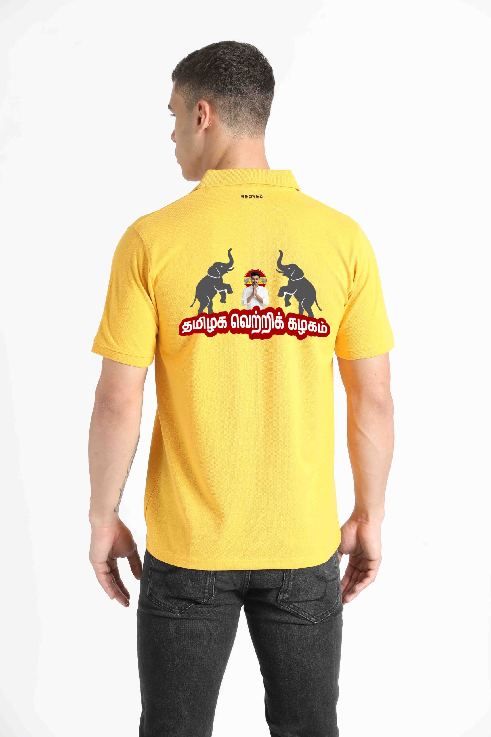 tvk_new_y_B TVK Thalapathy Vijay Men's Half Sleeve Polo T-Shirt | Tamilaga Vettri Kazhagam Official Tee | (White / Black / Yellow) - Image 1